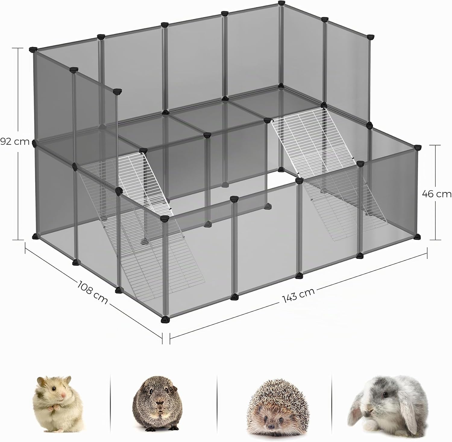 Thumbnail 6 de SONGMICS Freigehege für Kaninchen – Modulares Laufgehege mit Balkon, Treppe und Terrasse (143 × 108 × 93 cm)