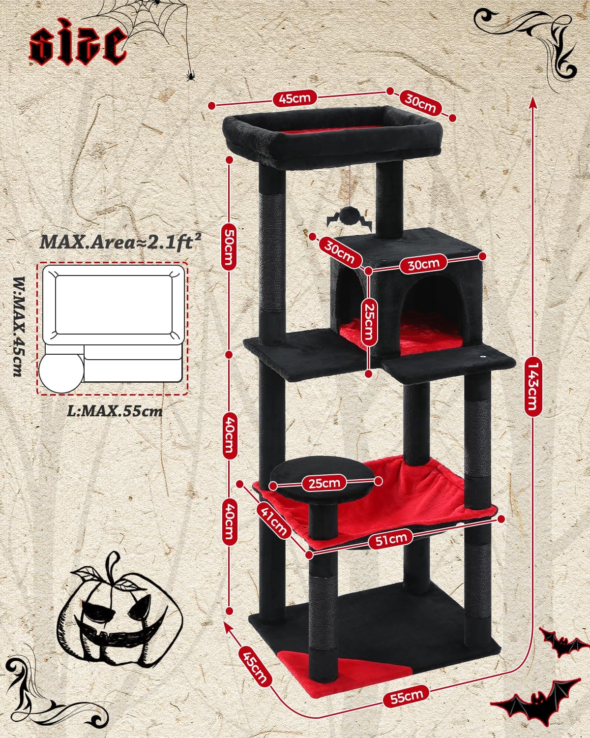 Thumbnail 1 de PAWZ Road 143cm cat tree with metal frame, big hammock and 2-door condo house (black)