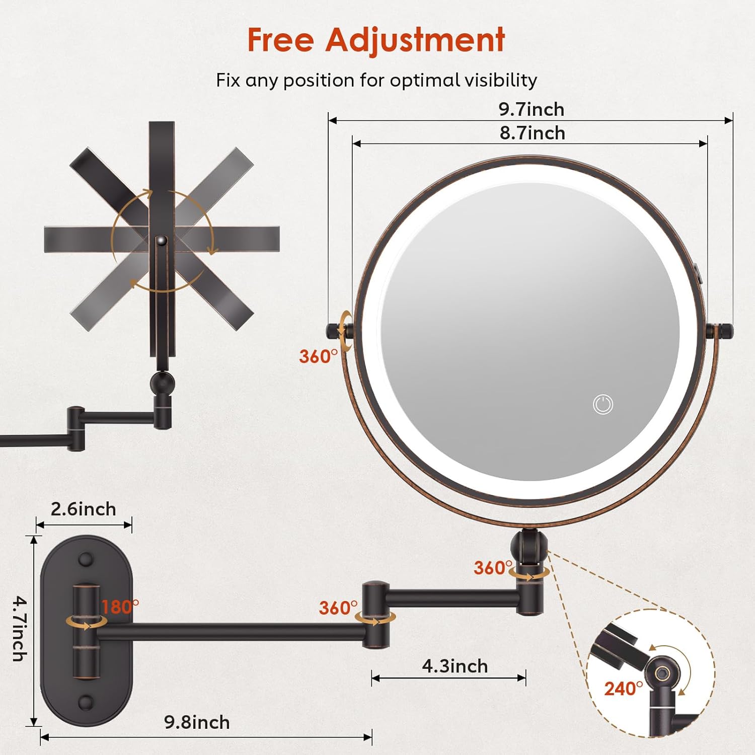 Thumbnail 5 de 9-Inch Wall Mounted Lighted Makeup Mirror with 30X Magnification, Rechargeable, 3-Color Lights and Extendable Arm