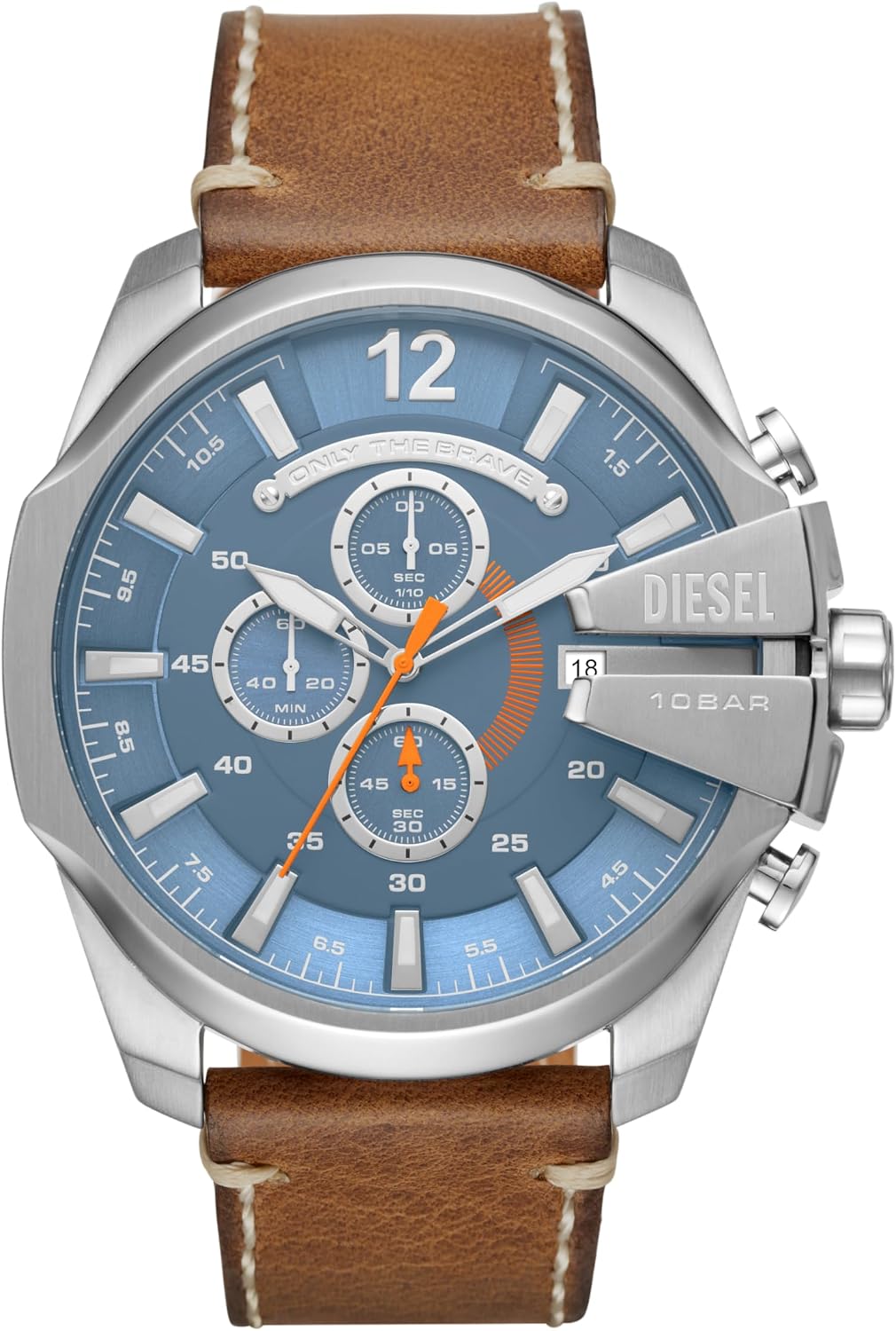 Detalle de Diesel Mega Chief Series Herrenuhr – Chronograph, Edelstahlgehäuse, blaues Zifferblatt, Lederarmband