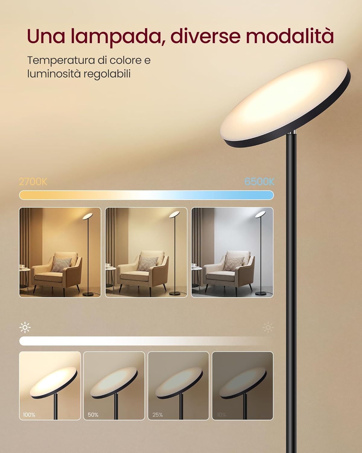 Thumbnail 3 de VASAGLE Lampada da Terra LED 30 W con Testa Orientabile e Telecomando – LFL018BD02