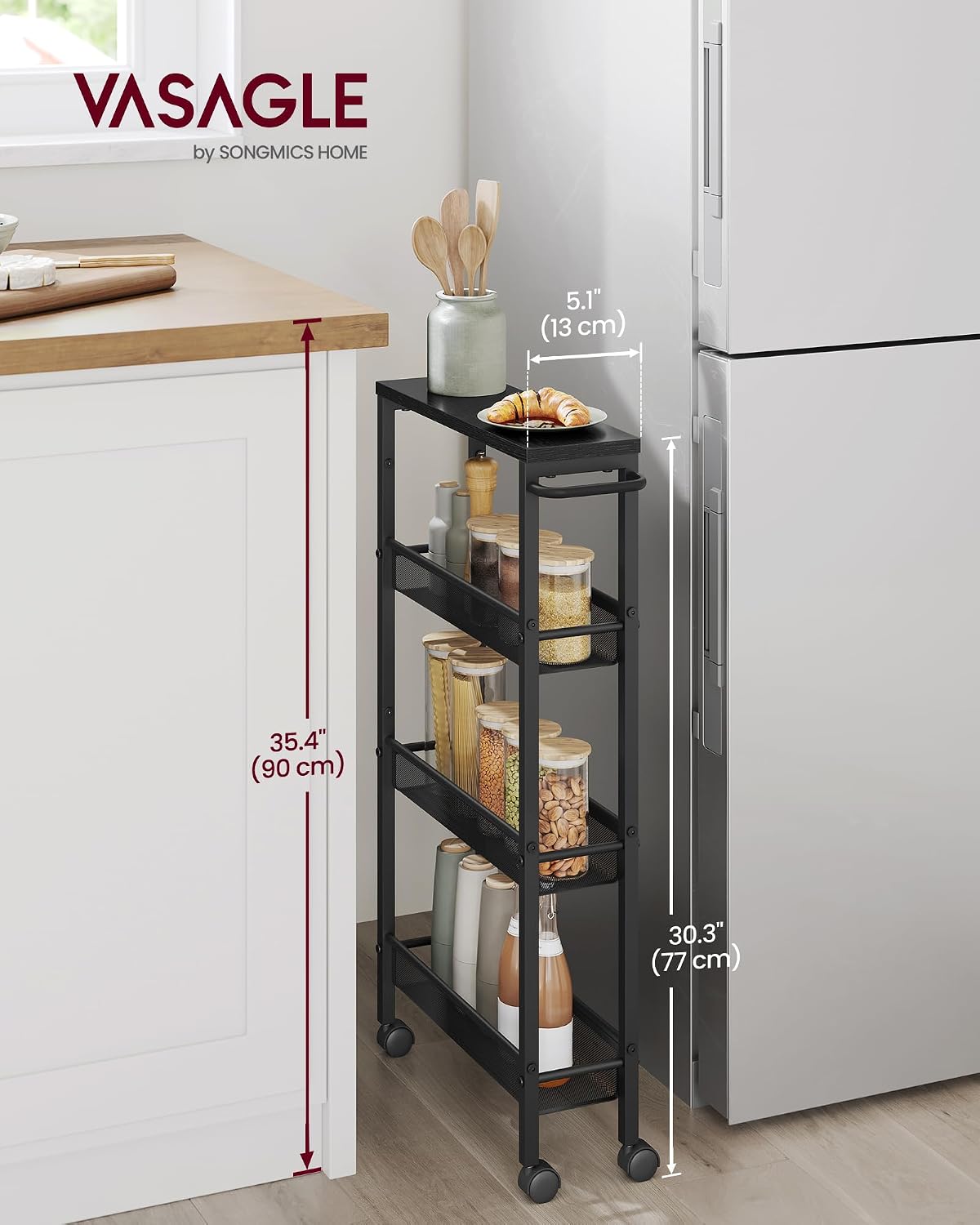 Detalle 2 de VASAGLE Slim Rolling Storage Cart 4-Tier