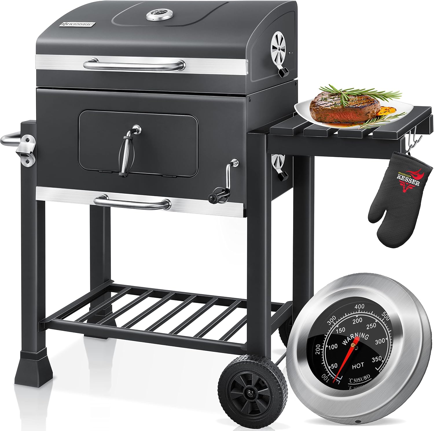 Detalle de KESSER Parilla de Carbón con Carrito y Tapa XL – BBQ grande con termómetro y almacenamiento