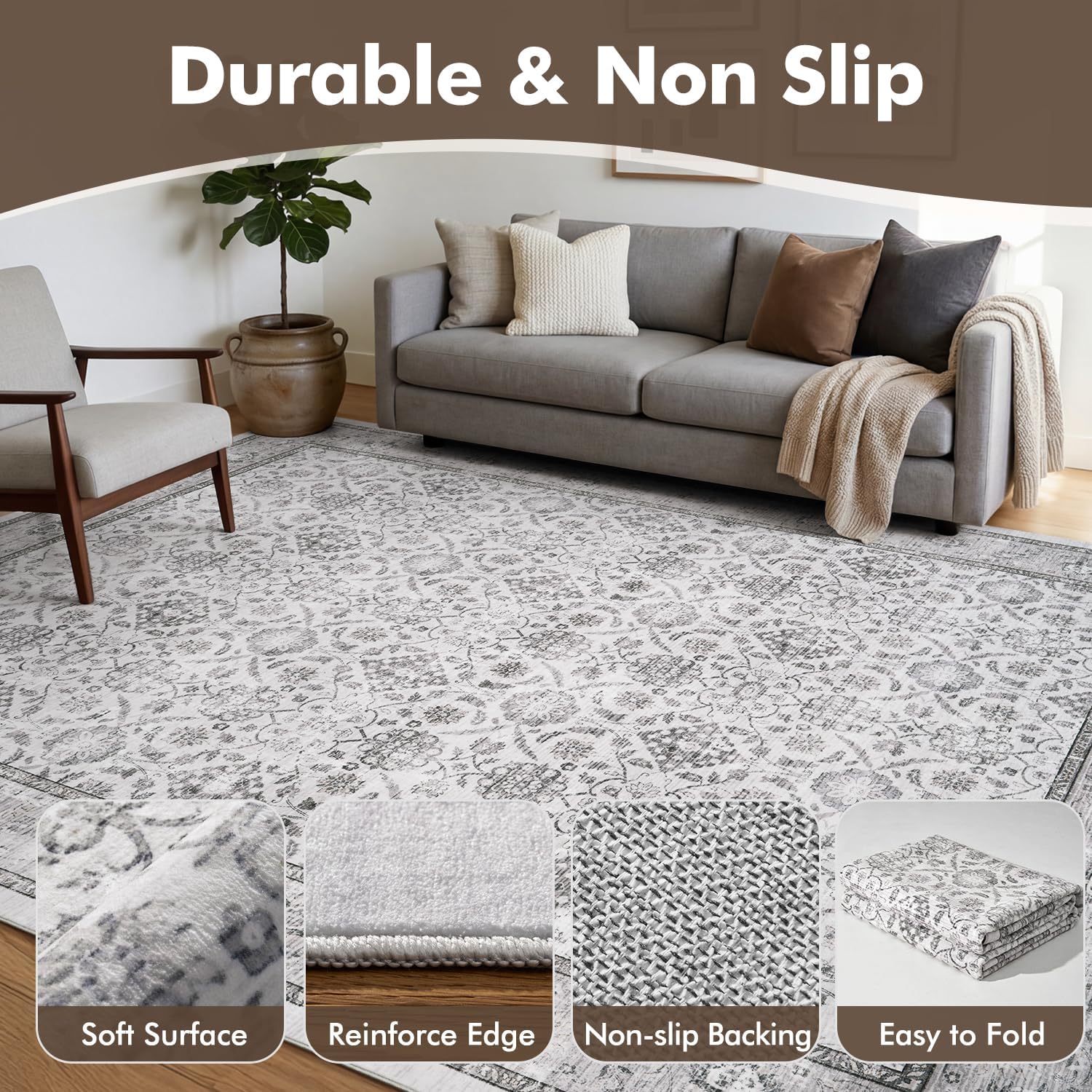 Detalle de RVOLST 8x10 ft Floral Vintage Area Rug, Grey Polyester, Machine Washable
