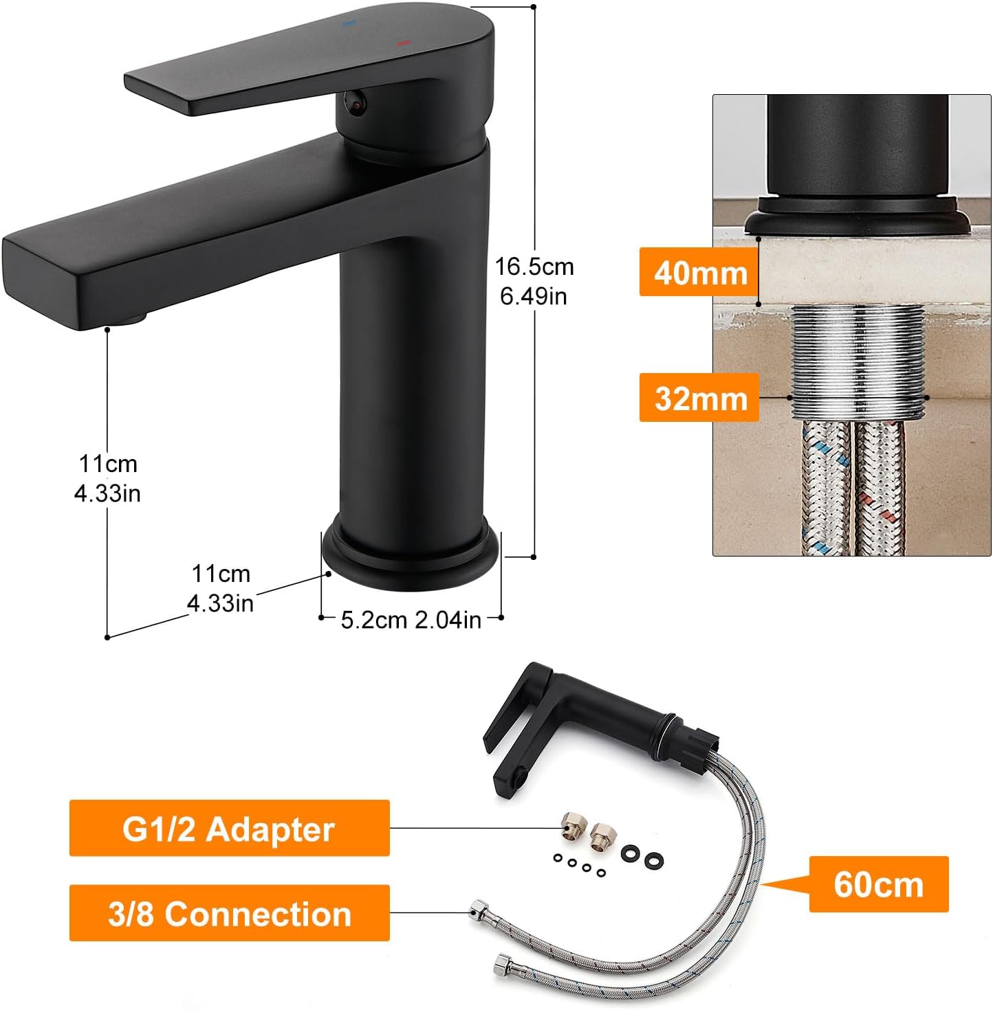 Thumbnail 1 de PORUGE Rubinetto per Lavabo con Miscelatore a Leva Singola in Ottone Massiccio – Spruzzato Nero