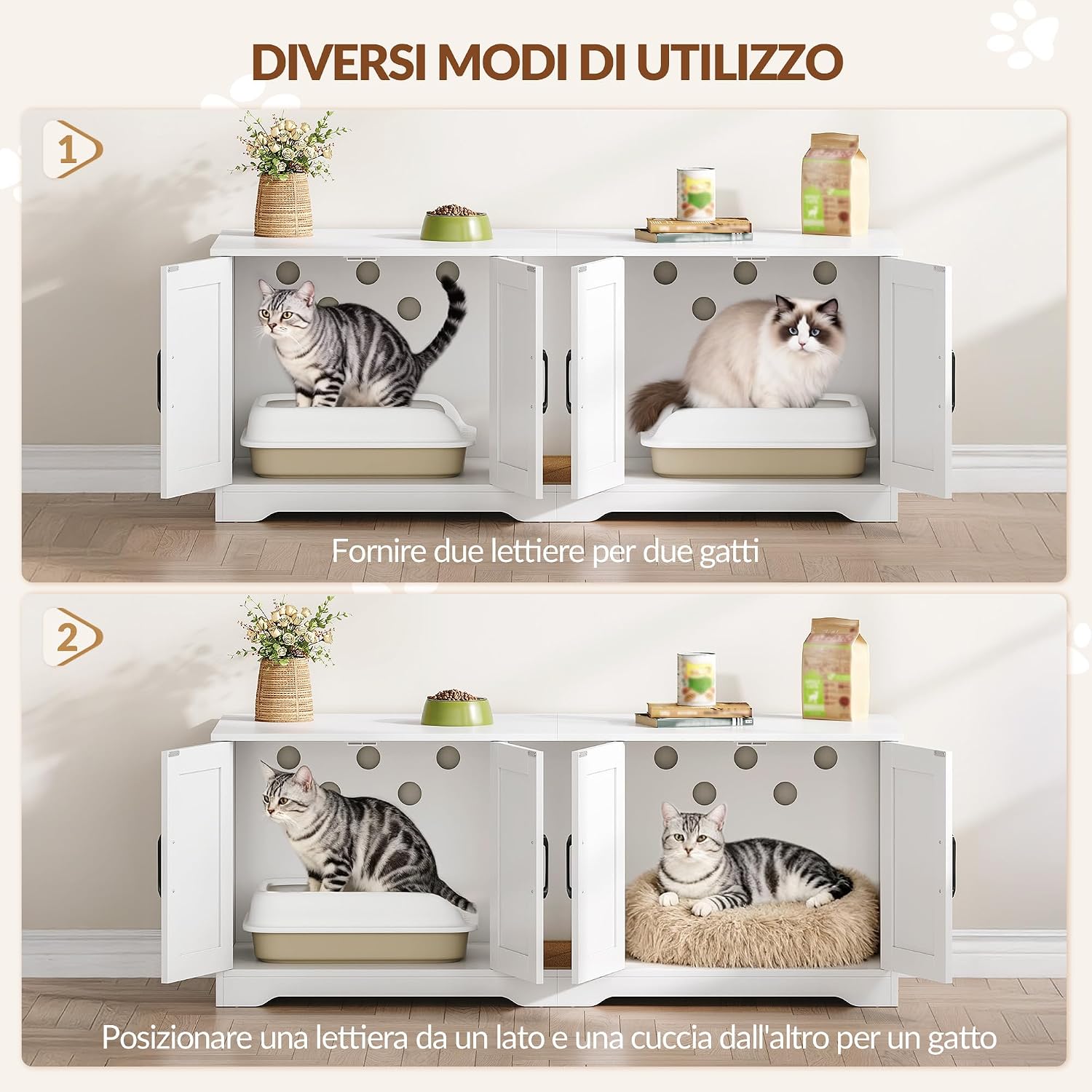 Detalle de Fobyfurny Mobile Lettiera per Gatti a Due Posti con Mobiletto Nascosto e Tappetino Graffiante (Bianco, 140 x 50 x 55 cm) – Versatile e Discreto