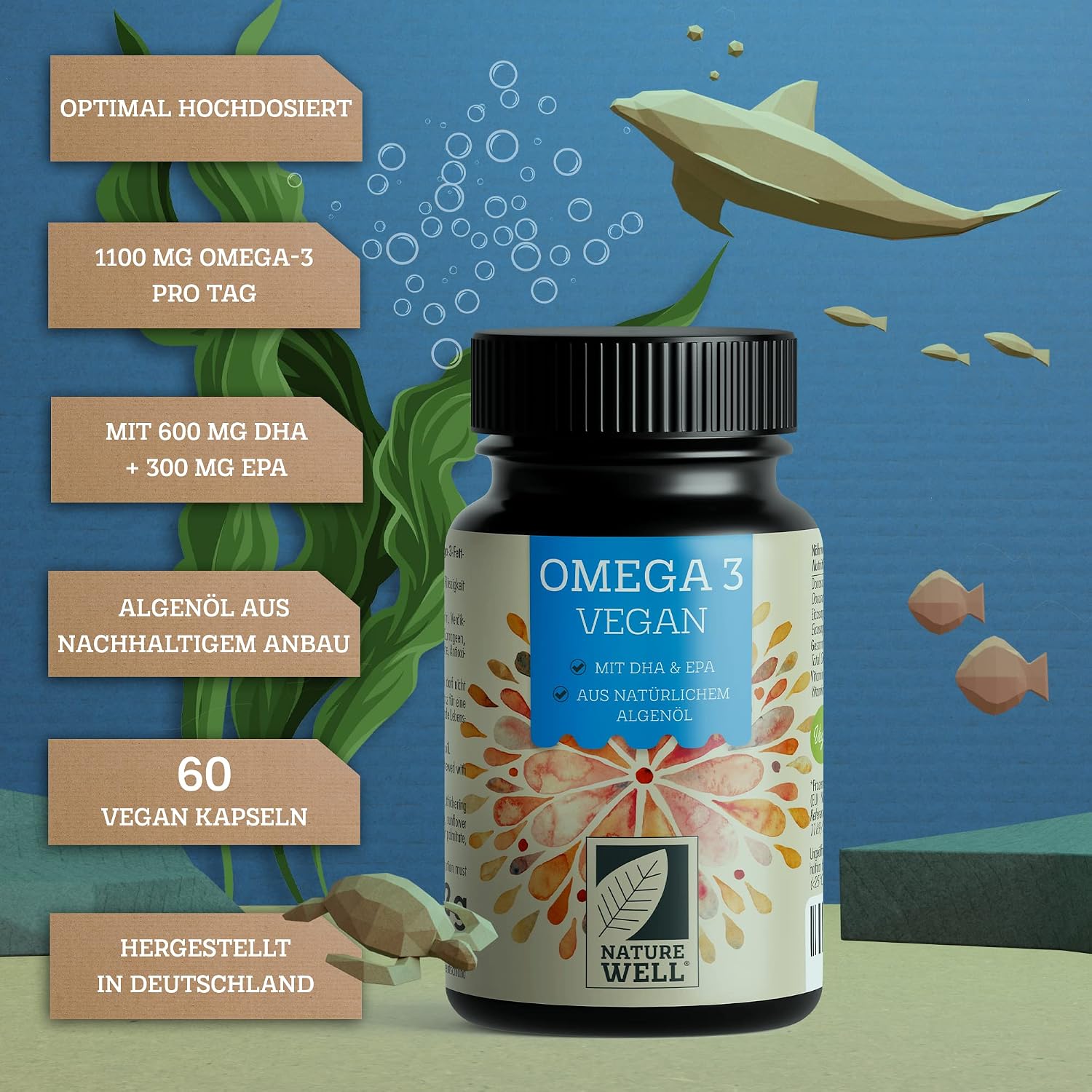Detalle de Omega-3 Vegan von NatureWell: 60 hochdosierte Kapseln mit Algenöl (DHA & EPA)