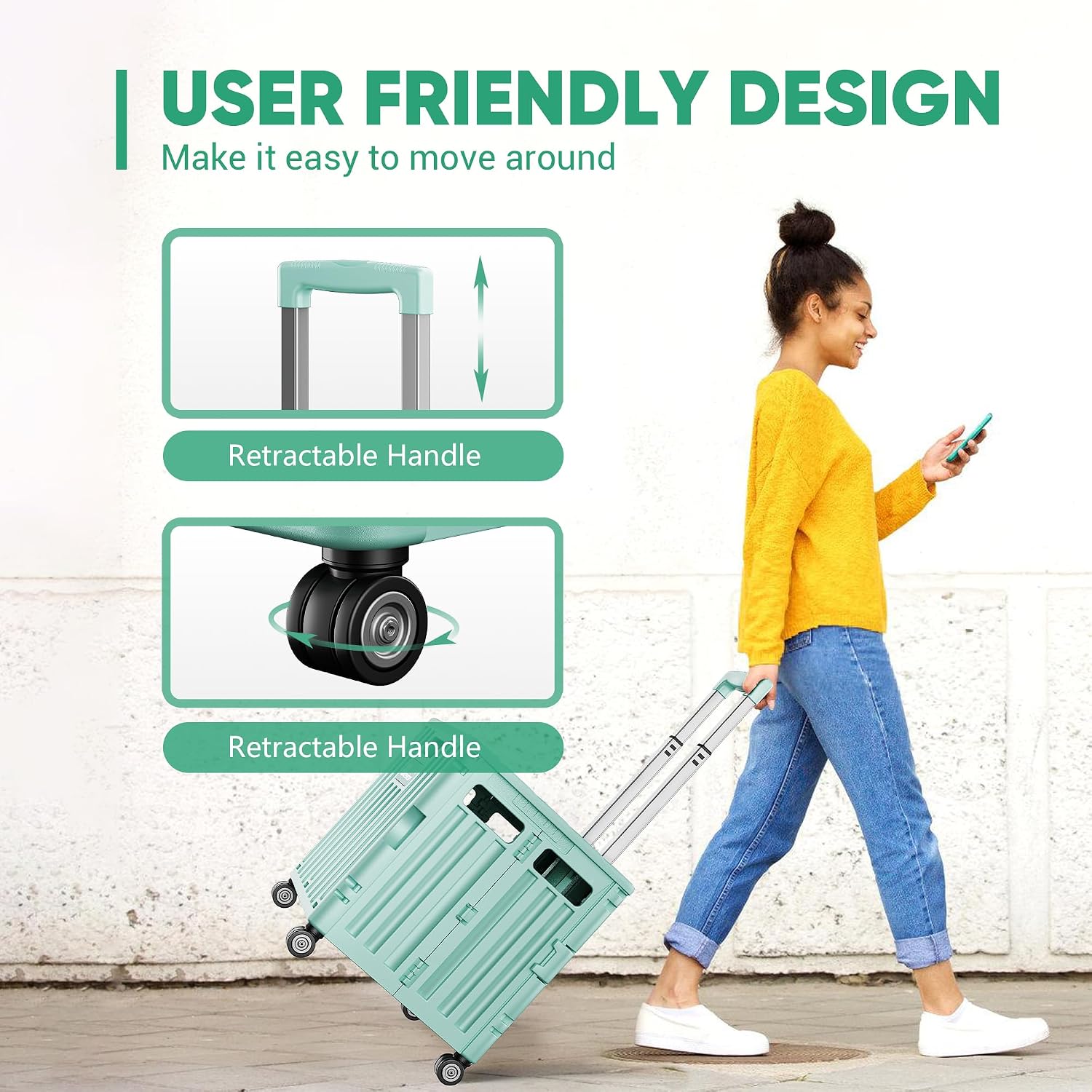 Detalle 1 de Dkenicor Folding Utility Cart, Cyan, 65L with Telescoping Handle and Swivel Wheels