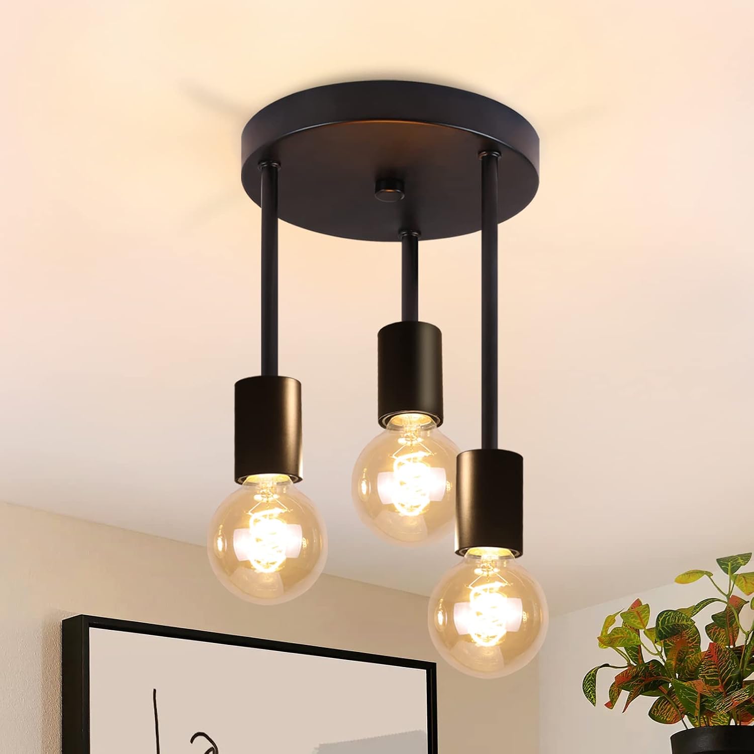 Detalle de CBJKTX Vintage Deckenleuchte Schwarz mit 3 Spots (E27) – Industriedesign für Esszimmer, Küche & Flur