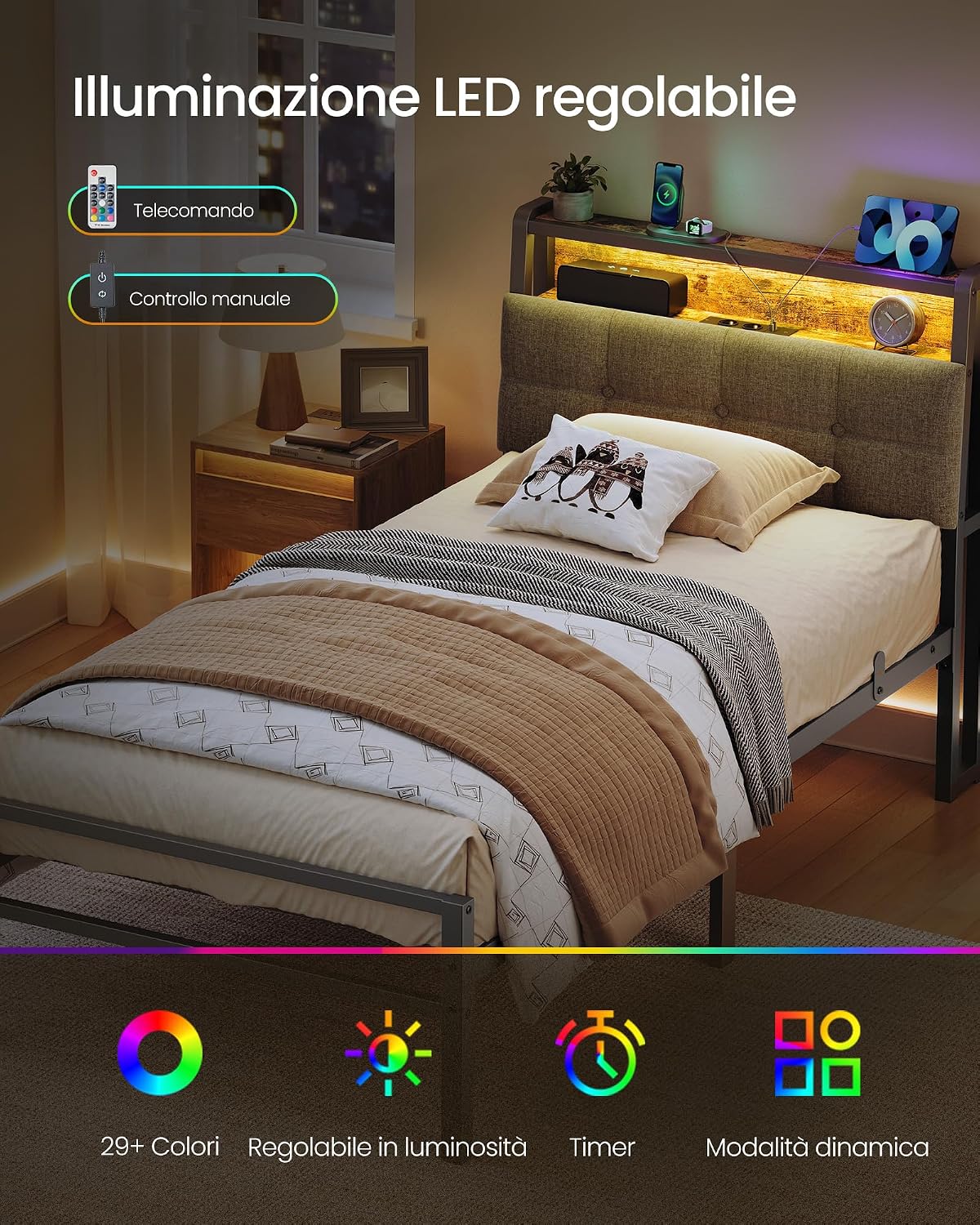 Thumbnail 5 de VASAGLE Struttura Letto Singolo in Acciaio con Luci LED e Prese – RMB122G101, Nero Opaco