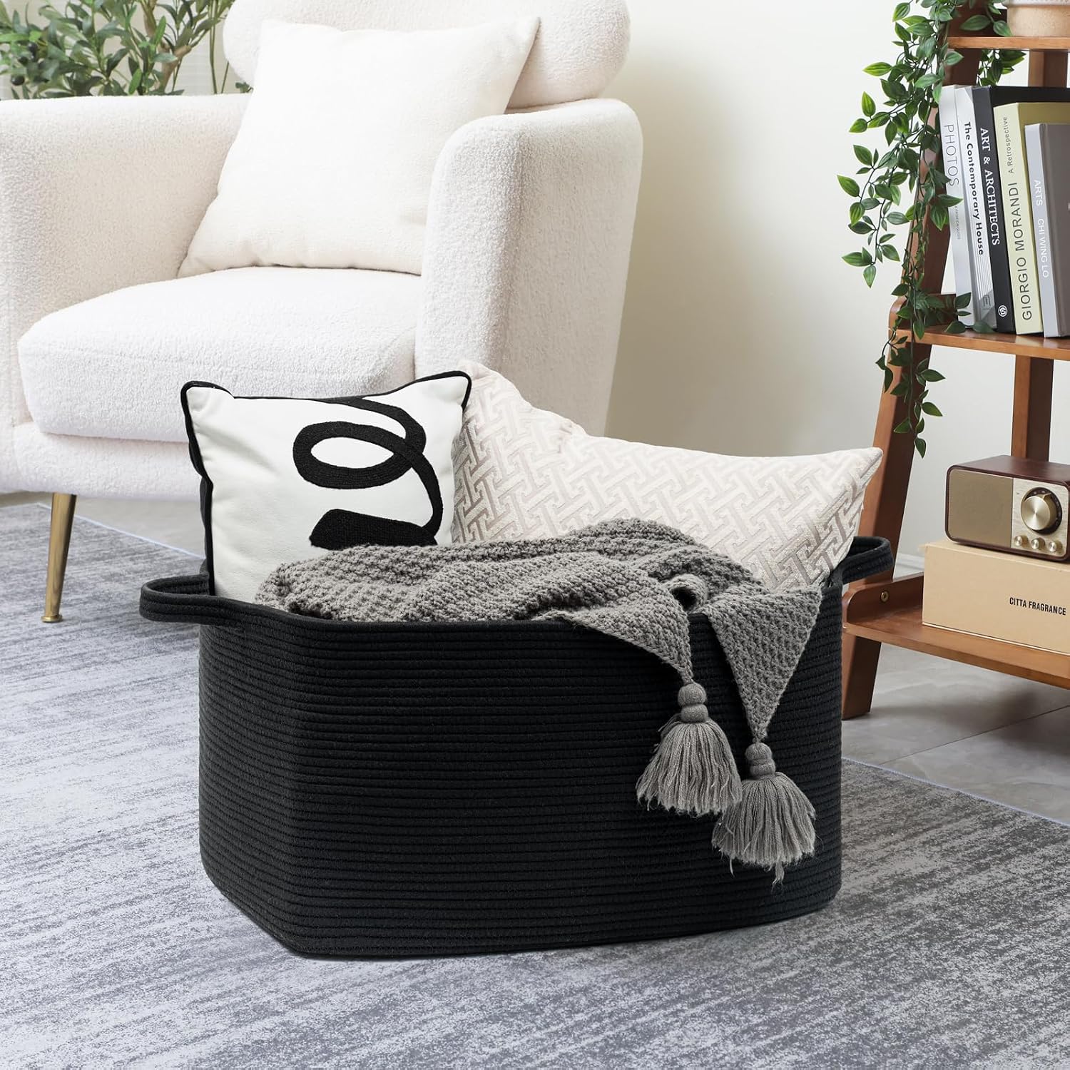 Detalle 2 de Goodpick woven-Lsquare blackGoodpick Cotton Rope Laundry Basket, Black, 65 L