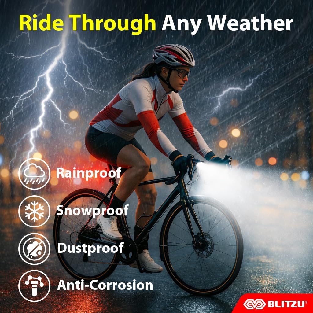 Detalle de BLITZU Gator 320 bike lights set (front headlight, rear taillight & bell) — USB-C rechargeable