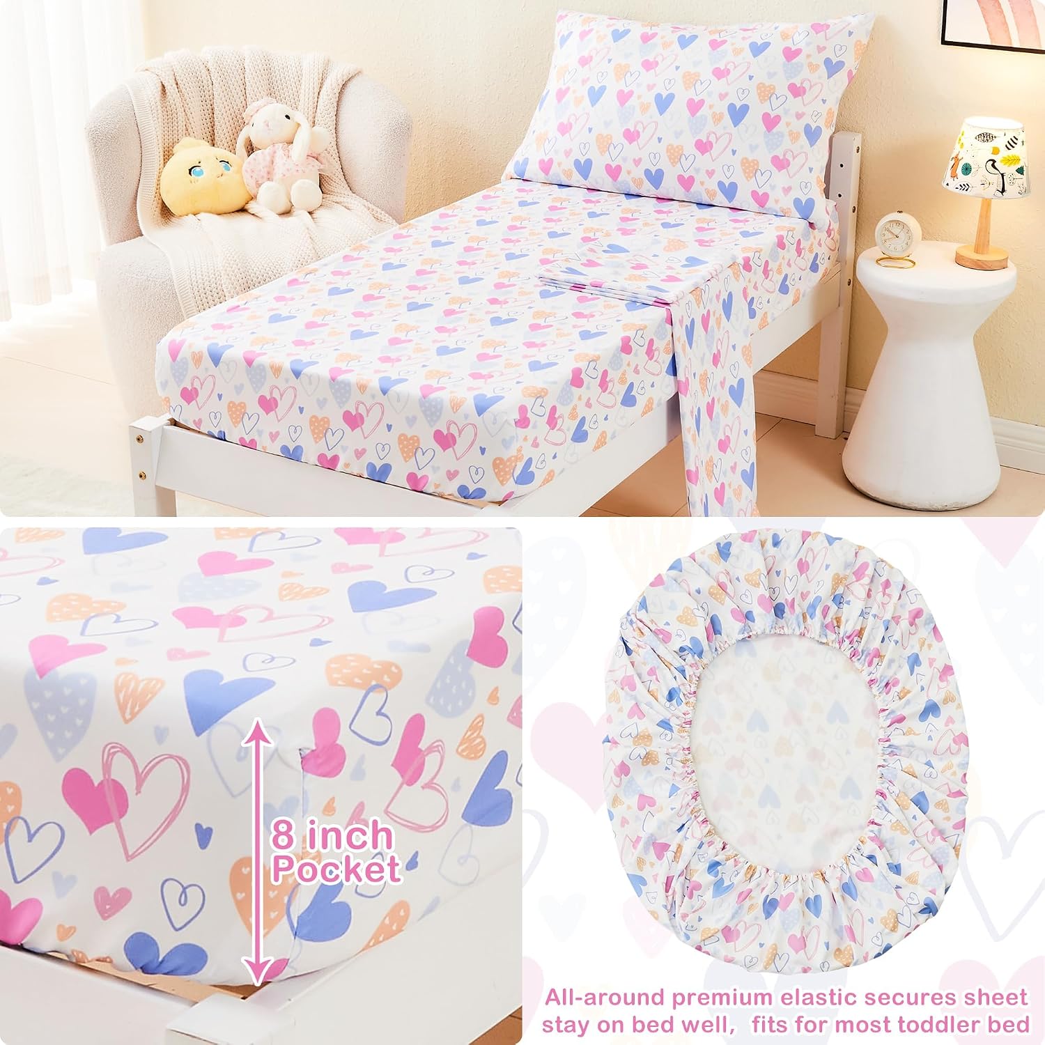 Detalle 2 de Mooreeke Toddler Bedding Set, 4-Piece Pink Heart Print Microfiber