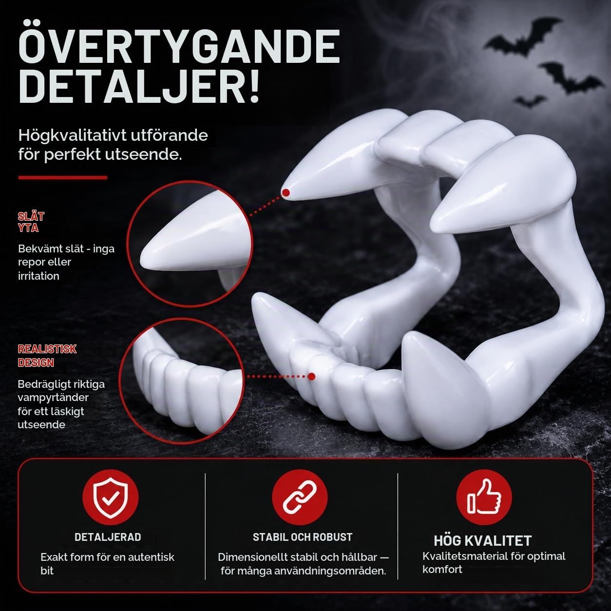 Detalle de FV-001 vampyrtänder för barn med tydliga huggtänder