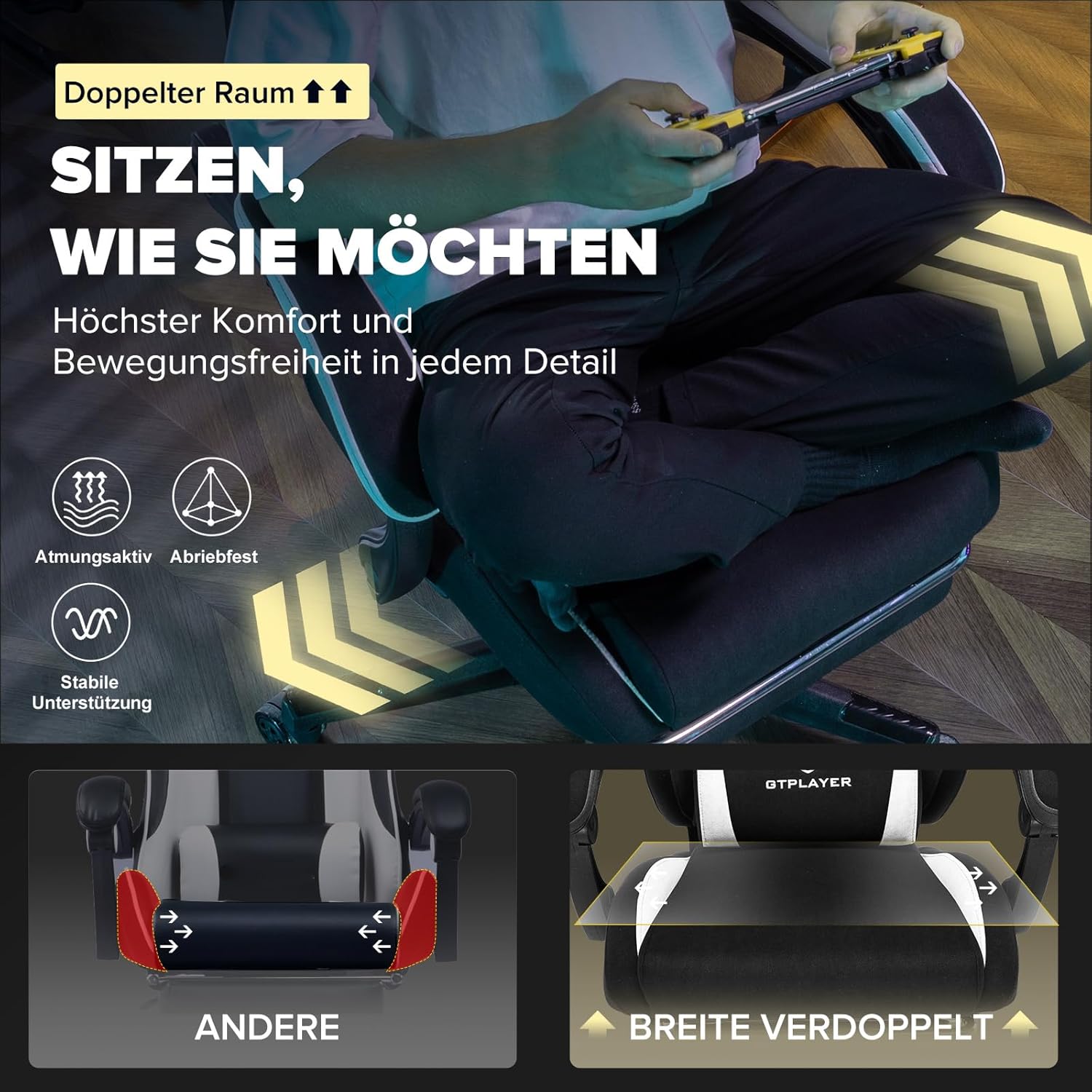 Thumbnail 6 de GTPLAYER Gaming Stuhl – Ergonomischer Stoff-Gamingstuhl mit Lendenwirbelstütze und ausziehbarer Fußstütze