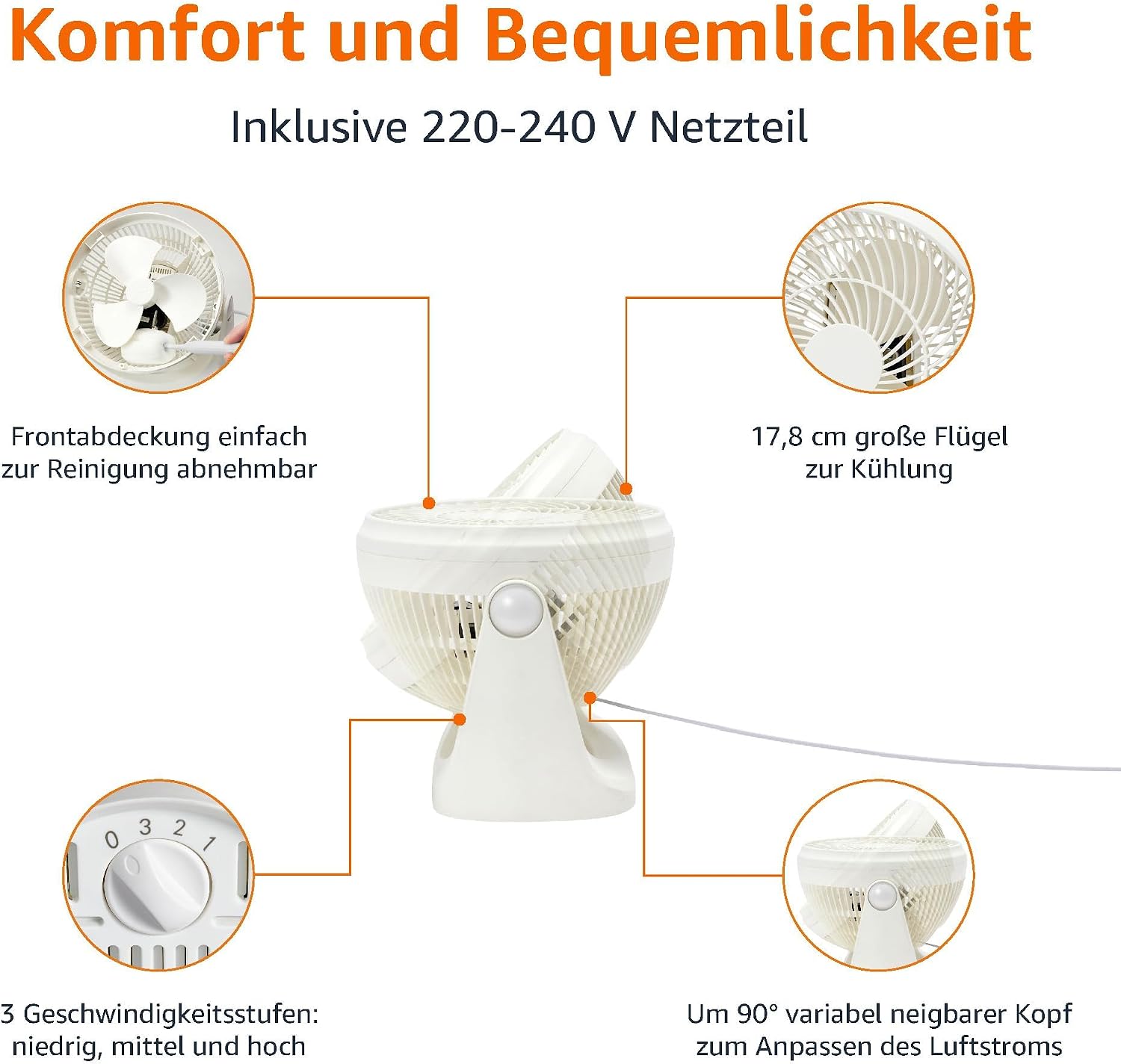 Detalle de Amazon Basics Tisch-Ventilator tragbar, 18 cm – leise Kühlung, 3 Geschwindigkeiten