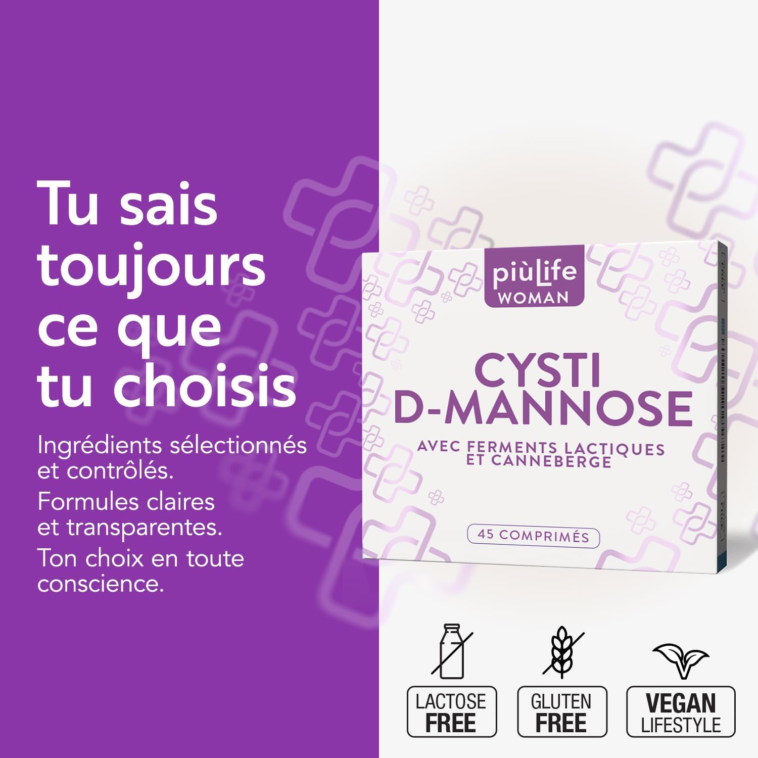 Detalle de PiùLife D-Mannose Cystite Femme 2000 mg avec canneberge et probiotiques – 45 comprimés