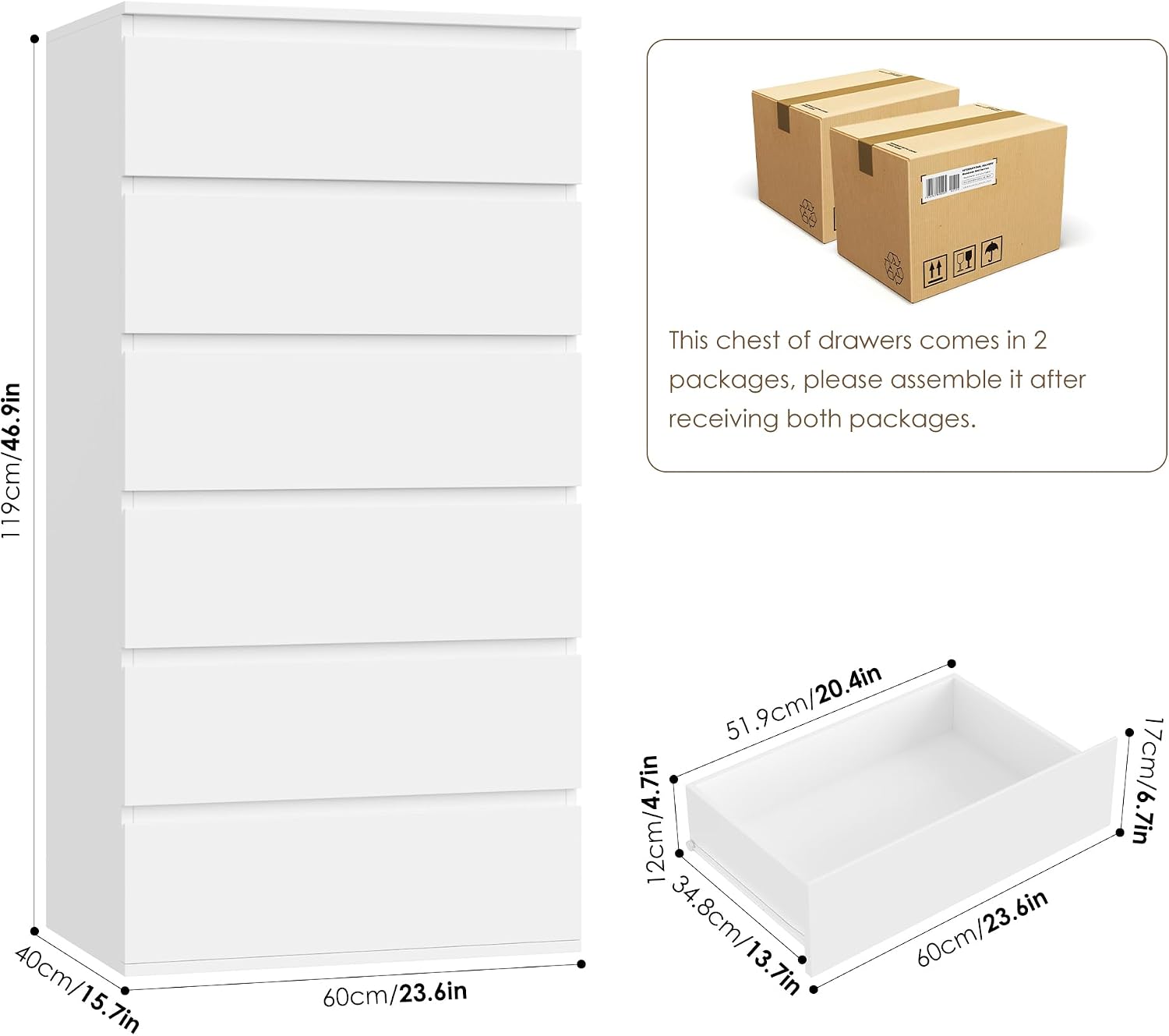 Detalle de FOREHILL M281 Chest of Drawers, 6 Drawers, White, 119cm