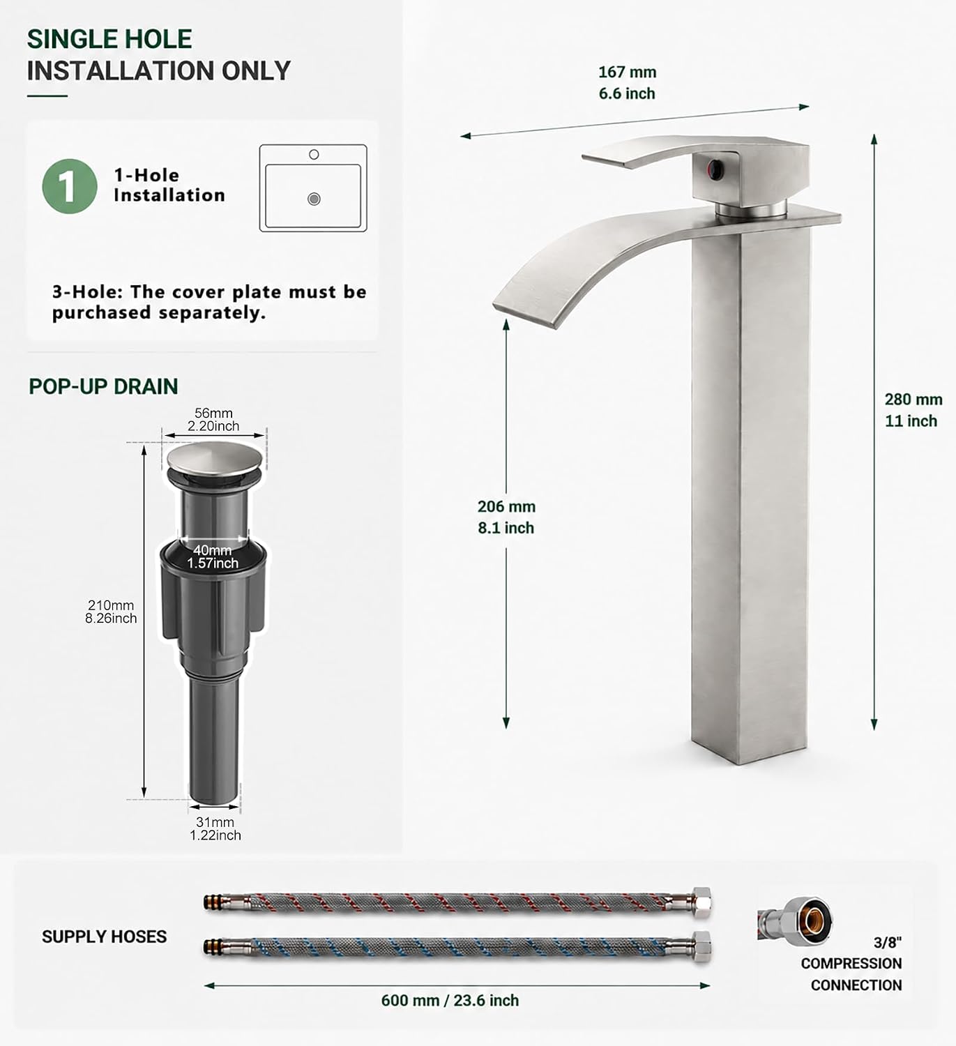 Detalle de VOTON V-1727L Vessel Sink Faucet, Brushed Nickel Waterfall Spout