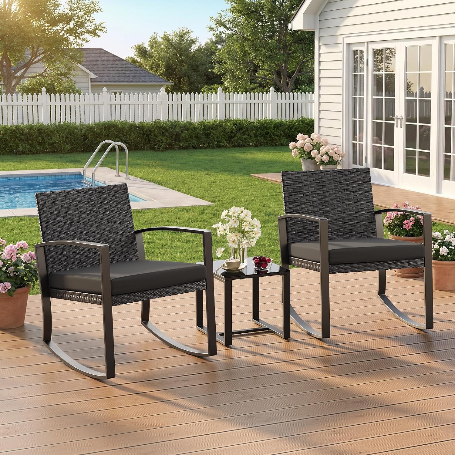Detalle 2 de Qsun WR210-BK 3-Piece Patio Furniture Set with Rocking Chairs and Glass Table