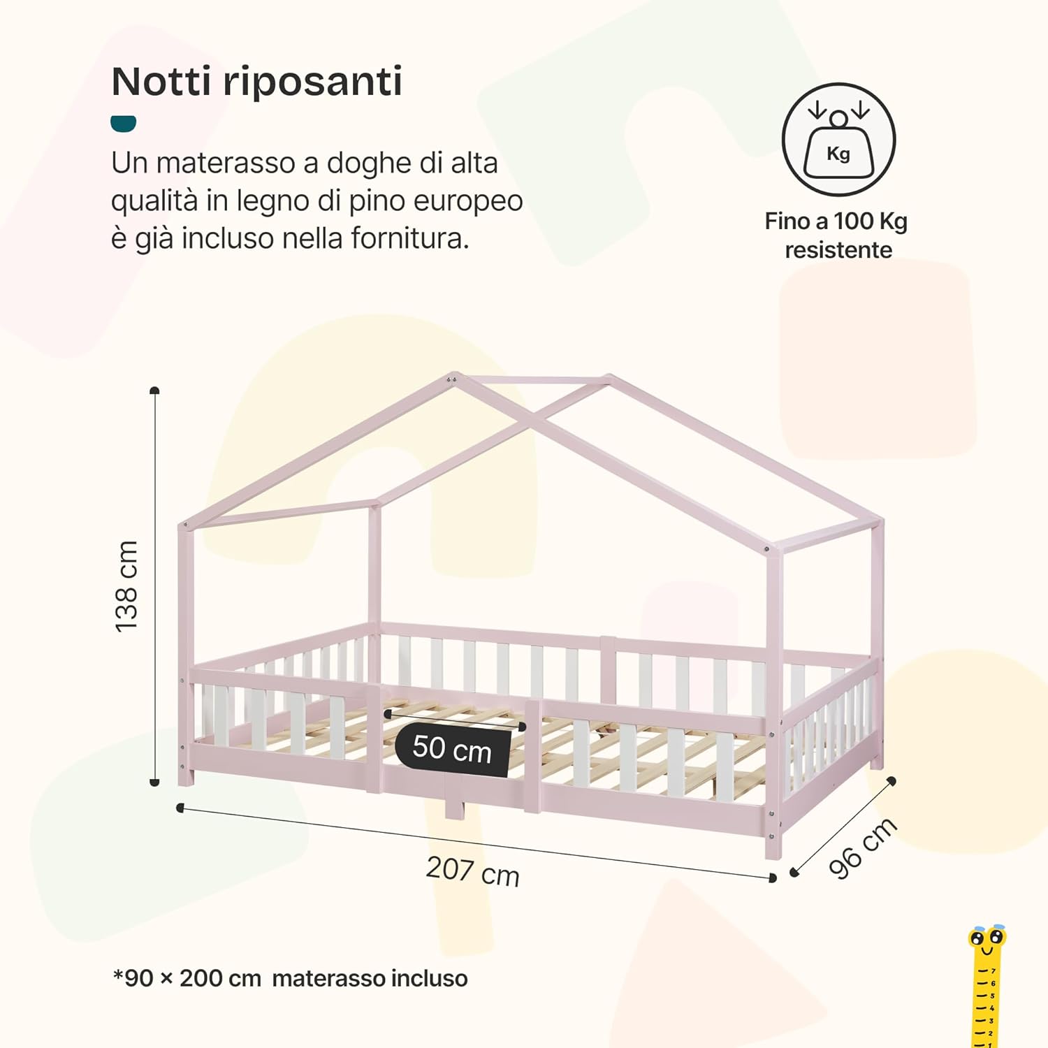 Thumbnail 1 de Letto per Cameretta Singolo a Forma di Casetta con Barriera in Legno di Pino e Materasso in Schiuma Fredda 90x200 cm Rosa/Bianco