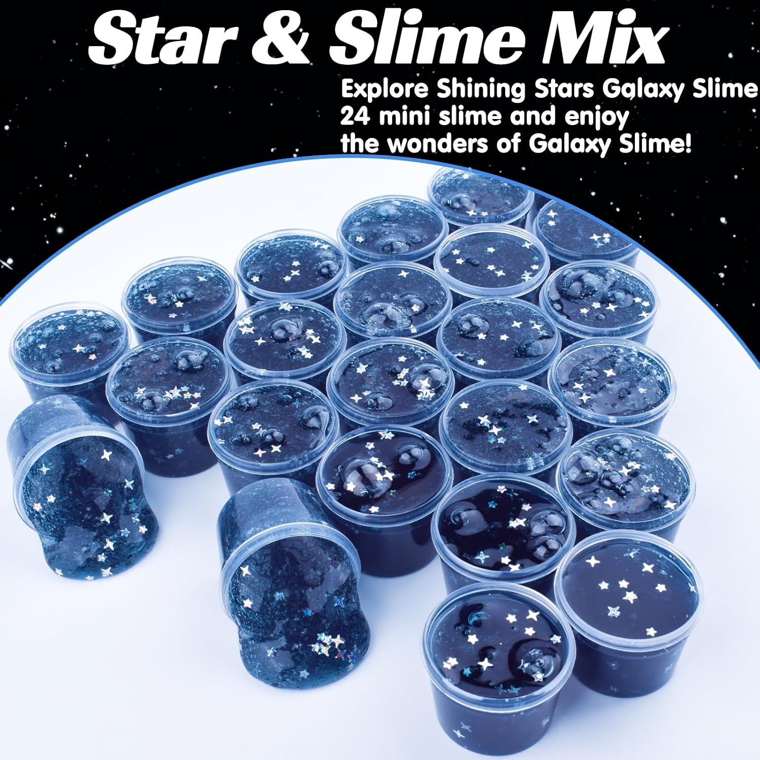 Detalle 2 de 24 Pack Gray-Blue Galaxy Star Slime cups for kids – mess-free sensory party favours