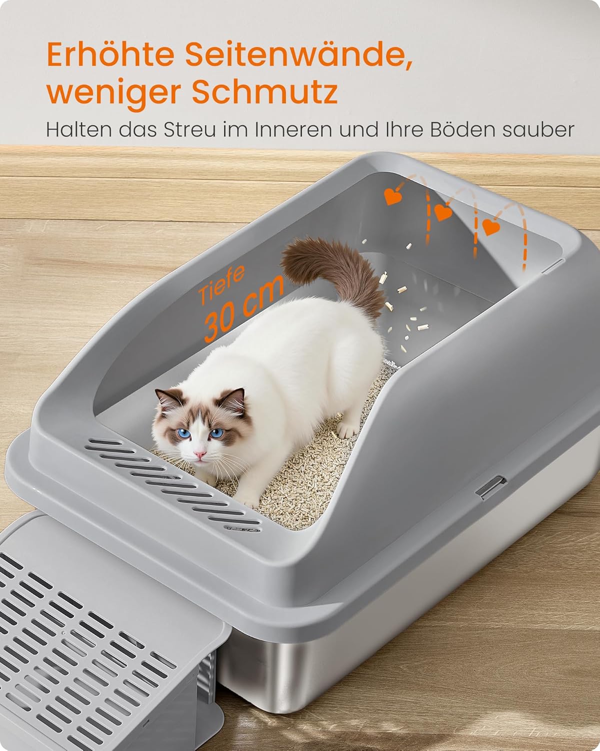 Thumbnail 3 de Feandrea Katzenklo aus Edelstahl mit hohen Seitenwänden, Trittstufe & Zubehör – für Katzen bis 15 kg, schiefergrau