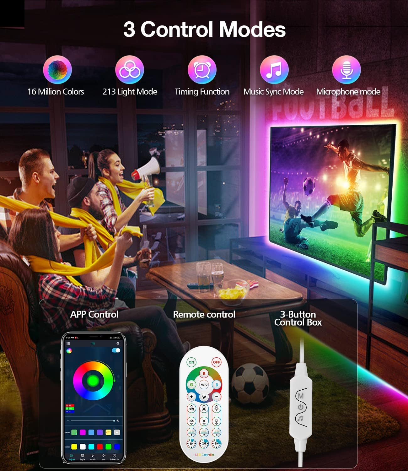 Thumbnail 2 de Daymeet TV Led Lights 4M Backlight for 55-75 inch TVs – RGBIC, USB-Powered with Remote, Bluetooth APP & Music Sync