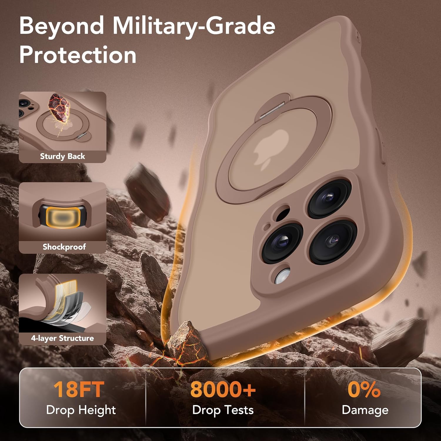 Thumbnail 5 de GolbinBox iPhone 14 Pro Women’s Case with MagSafe, 360° Magnetic Stand, Wave Edge & Military-Grade Drop Protection (Brown)