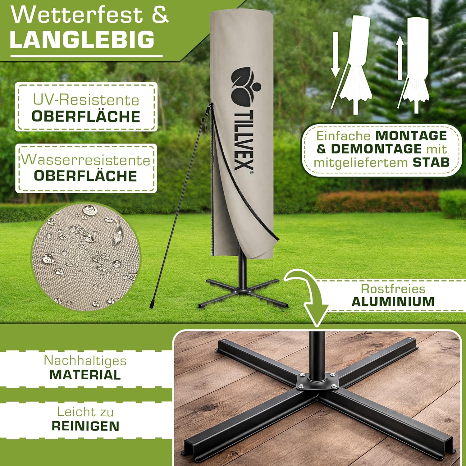 Thumbnail 3 de tillvex Alu Sonnenschirm 3 m Ø mit Kurbel und Abdeckung – Ampelschirm mit Ständer, Windschutz und 360° Drehung