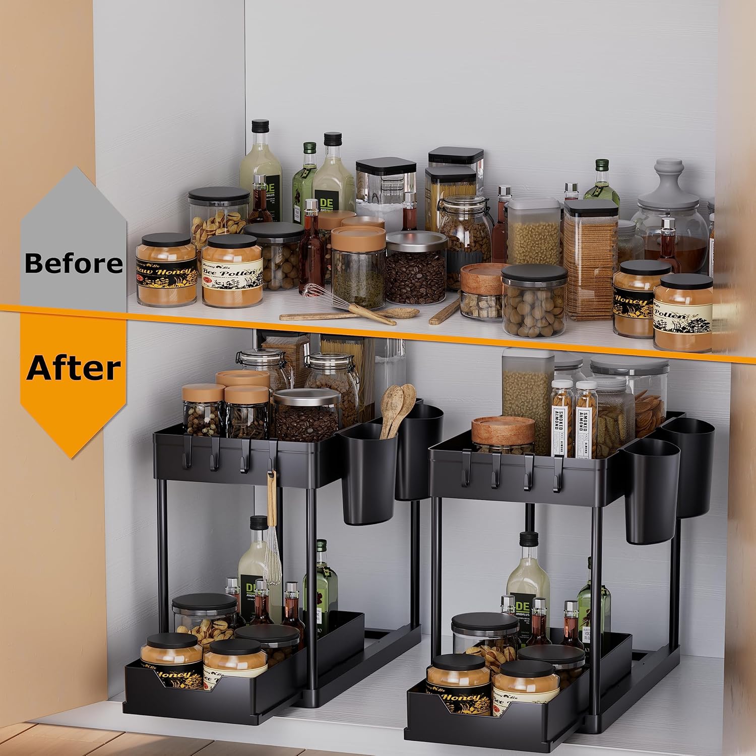 Thumbnail 5 de AIXPI Küchen Organizer 2 Etagen – Unter Waschbecken Regal mit Haken und Tassen Gewürzregal