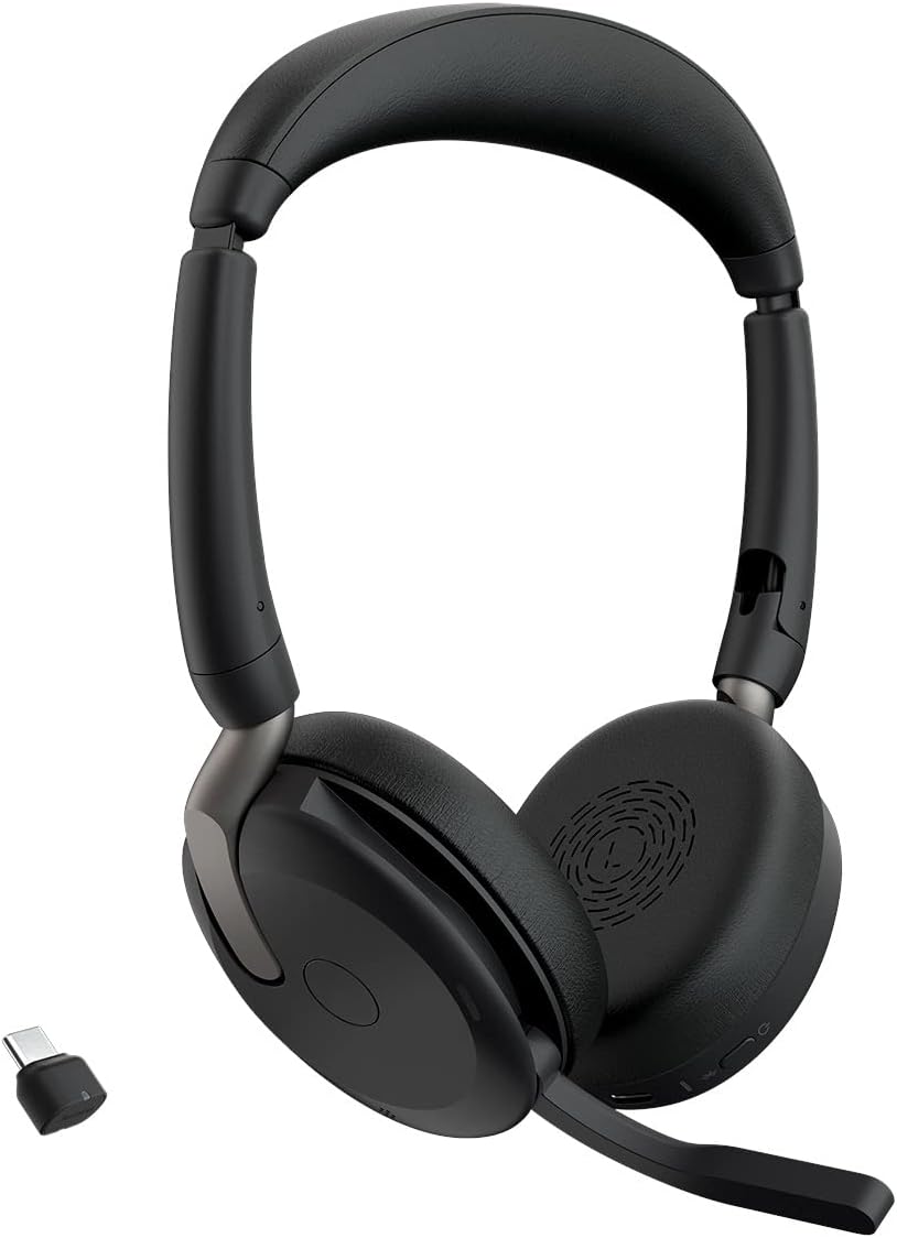 Detalle de Jabra Evolve2 65 Flex Wireless Stereo Headset with Bluetooth (Black) + Link 380 USB-C adapter