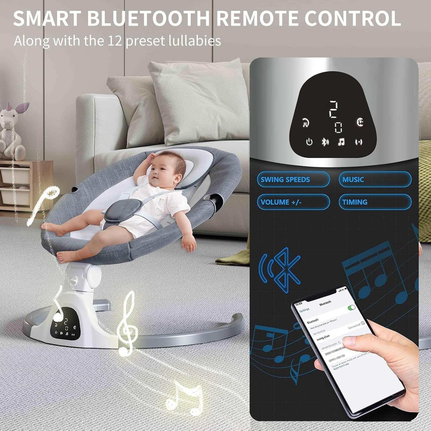 Thumbnail 3 de Adjustable Height Baby Swing for Infants to Toddler – Electric Bluetooth Swing with Remote (Grey)