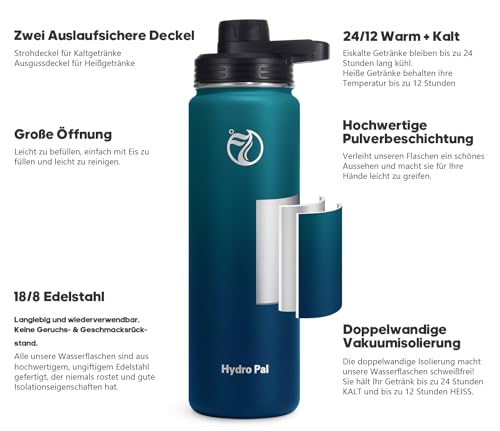 Detalle 2 de HydroPal Edelstahl Isolierflasche 1,2 L – doppellagig, 2 Deckel inklusive Strohhalm