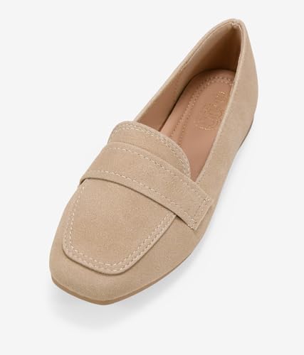 Detalle de BOSANOVA Mocasines Planos para Mujer en Ante Vegano con Puntera Cuadrada y Suela Plana – Arena, Talla 41