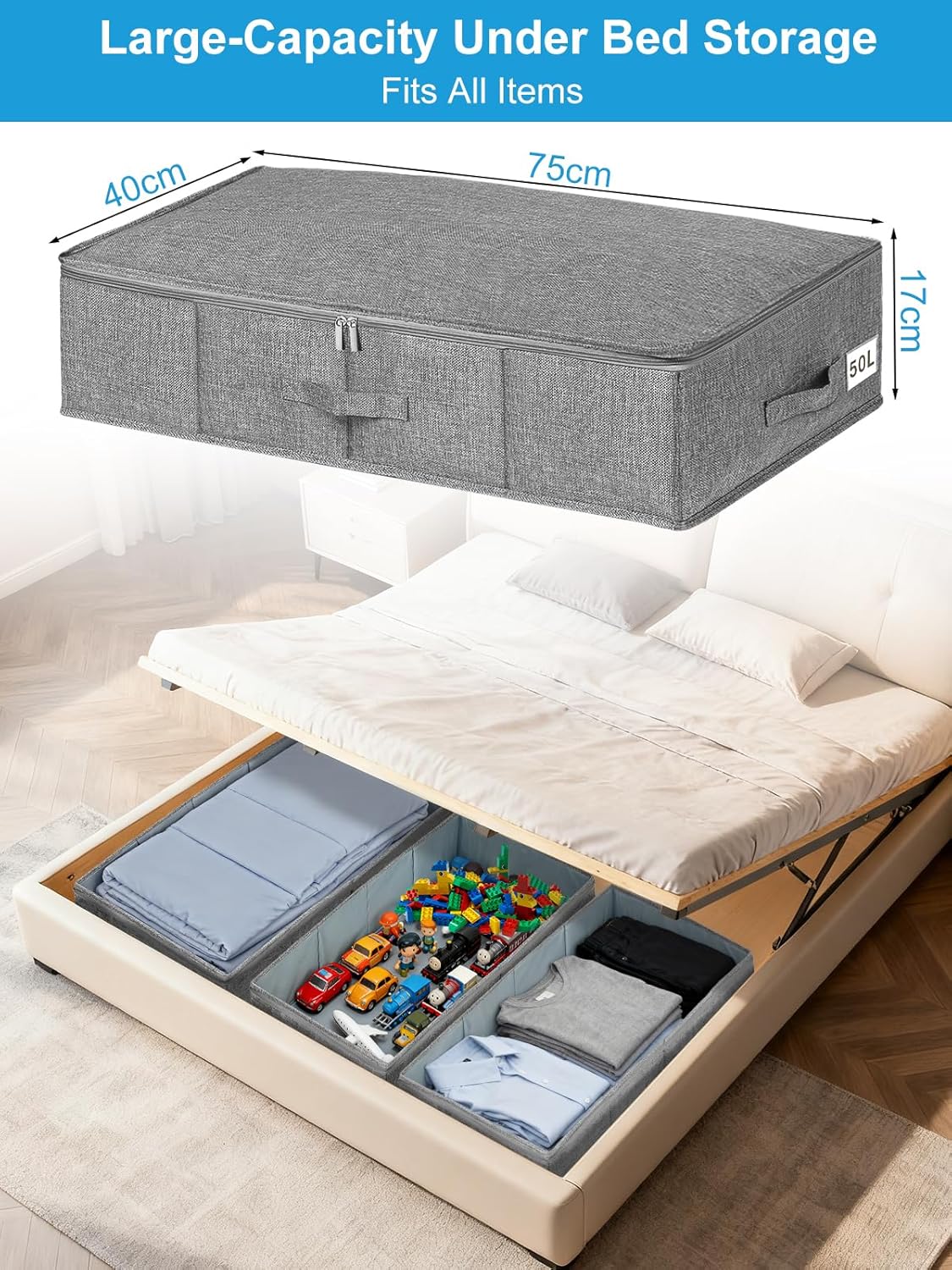 Detalle de JUPELI 17 cm High Under Bed Storage Box with Lid (50L)