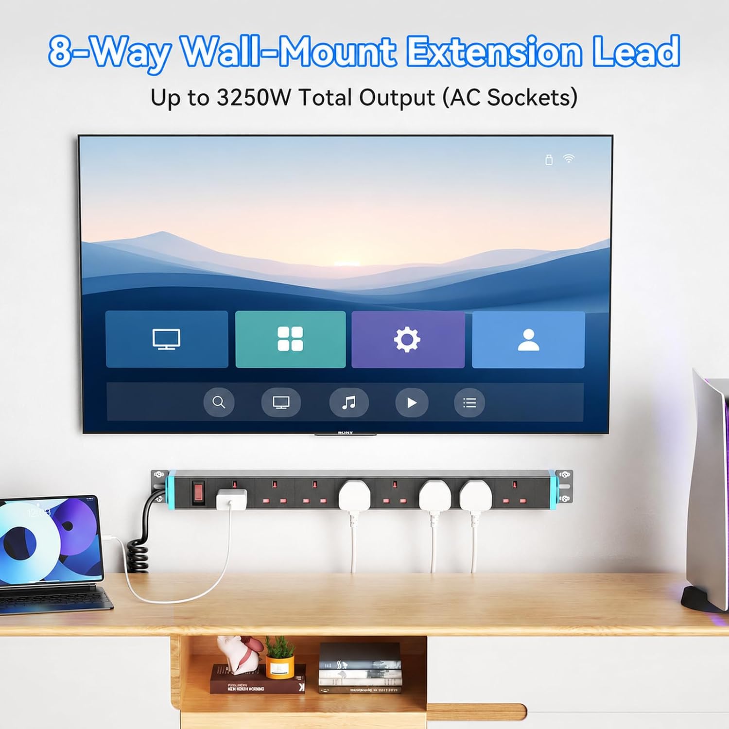 Detalle de Sewingvr 8-Way Extension Lead with Surge Protection and Wall Mount – 360° Rotating Sockets