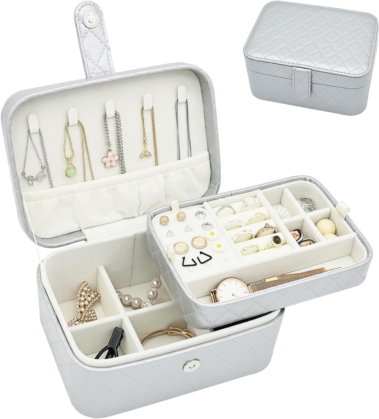 Boxudeli Schmuckkästchen „2-Ebenen“ mit Magnetverschluss – Reise-Schmuck-Organizer aus Kunstleder (Silbergrau)