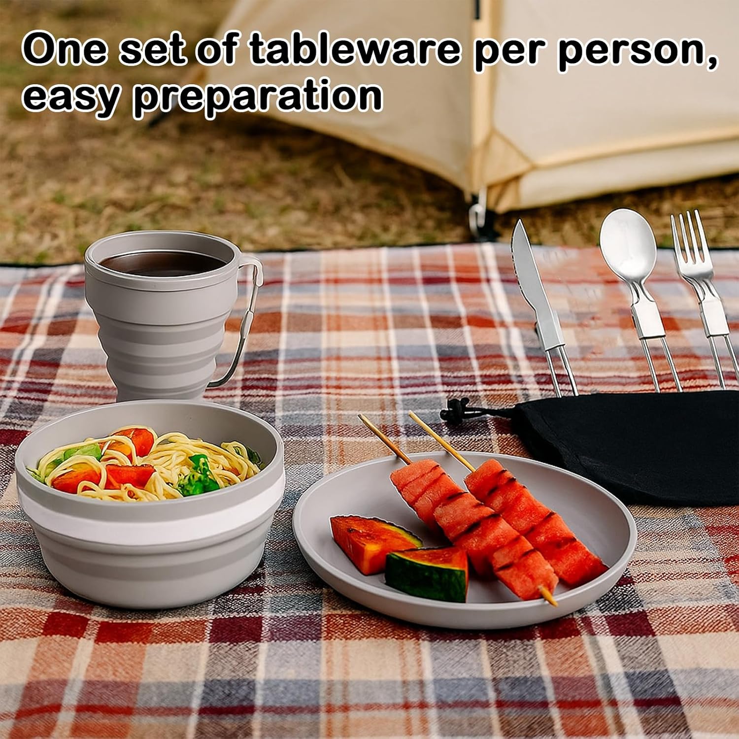 Detalle de 6 in 1 Foldable Camping Mess Kit with Stainless Steel Cutlery – Portable Outdoor Dining Set