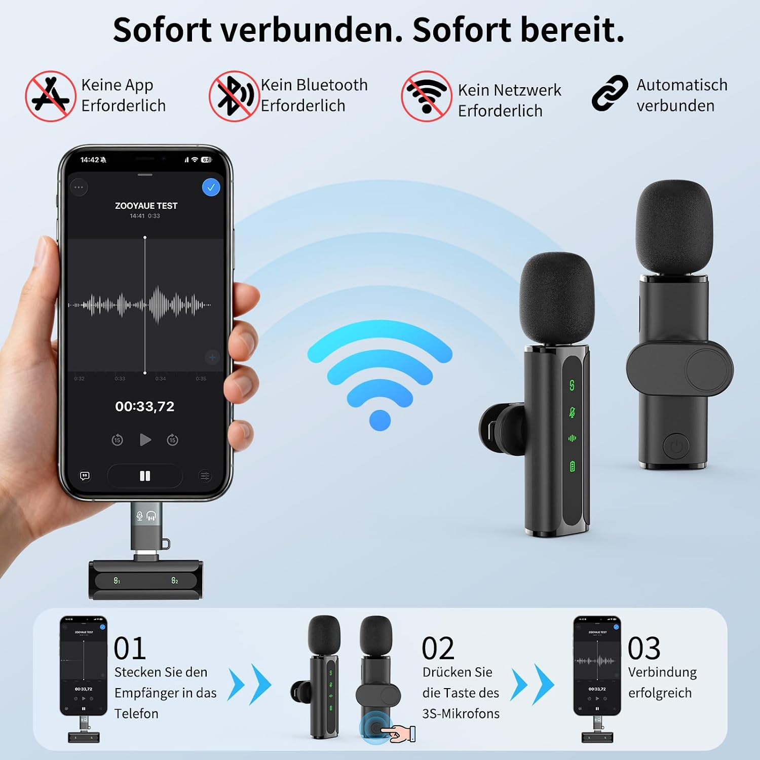 Detalle de ZOOYAUE Kabelloses Lavalier Mikrofon: Zwei drahtlose Ansteckmikrofone mit Hall-Effekt und Vielseitigkeit für Smartphone, PC und Kamera