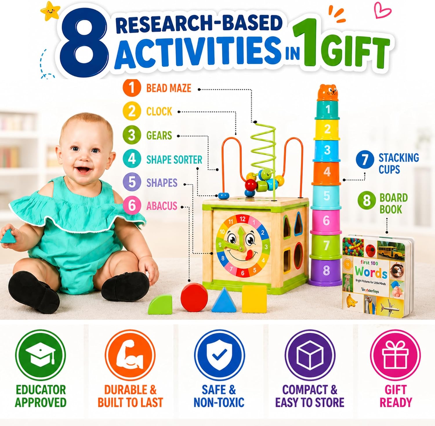 Thumbnail 1 de Toyventive Wooden Kids Baby Activity Cube for Girls Gift Set (Bead Maze, 12–18 Months)