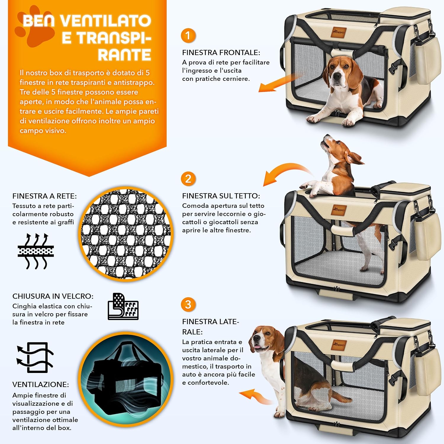 Detalle de TRESKO Box per cani pieghevole con tappetino per mangiare e spatola, trasportino robusto beige (M)
