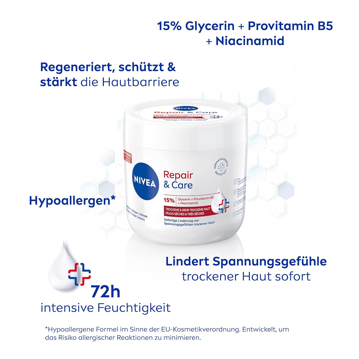 Detalle 2 de NIVEA Repair & Care Creme 400 ml – feuchtigkeitsspendende, nicht fettende Körpercreme für sehr trockene Haut