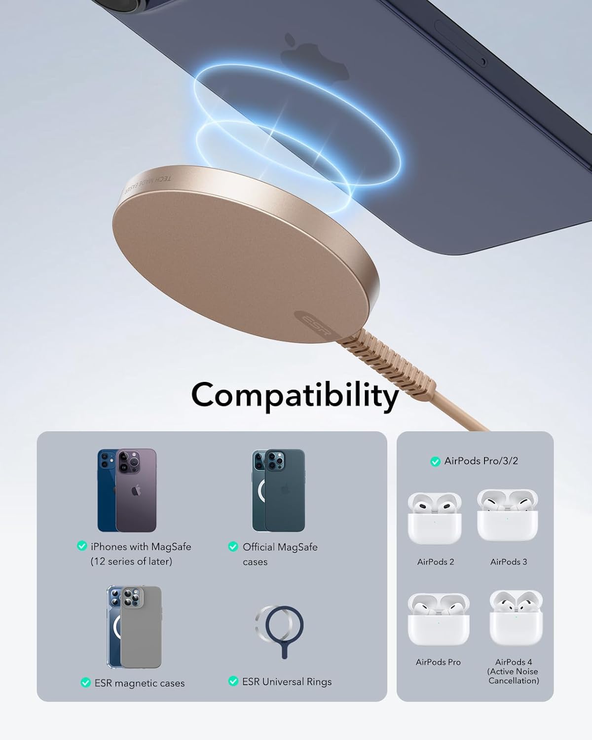 Thumbnail 1 de ESR MagSafe Wireless Charger mit langem Kabel: Kompatibilität für iPhone 17/16/15/14/13 und AirPods 2–4 Pro