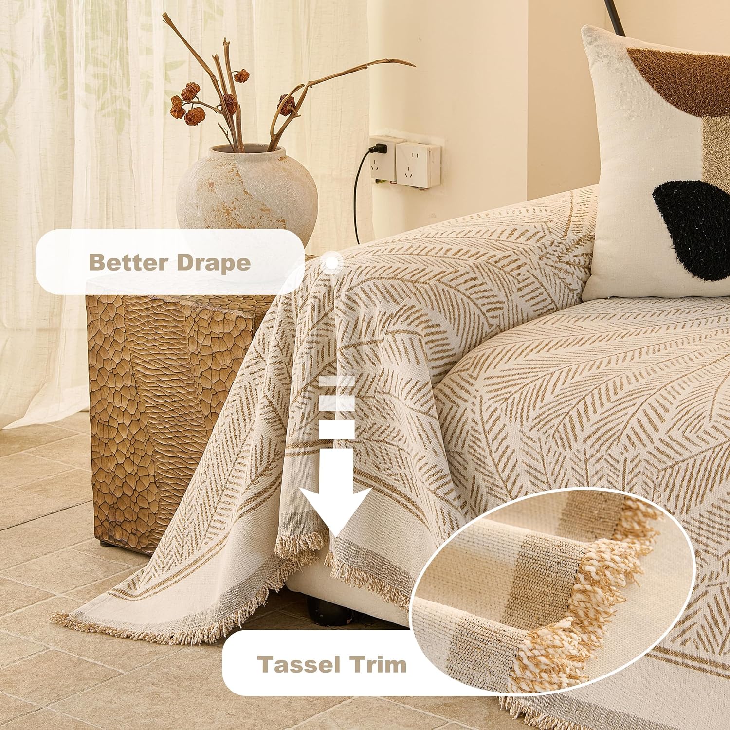 Detalle 2 de Fuyulacom Sofa Cover 91 Khaki Chenille Sofa Cover, 91 x 150 in, Striped