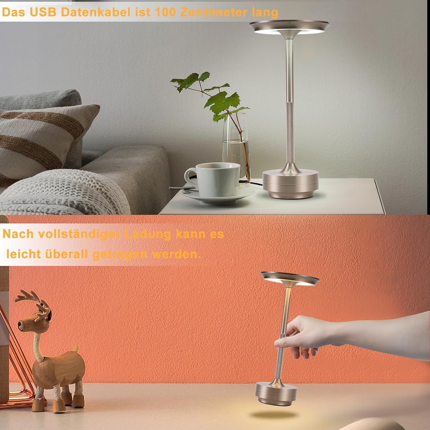Detalle de meoaow trådlös LED-bordslampa med touch, dimning och USB-C, nickel