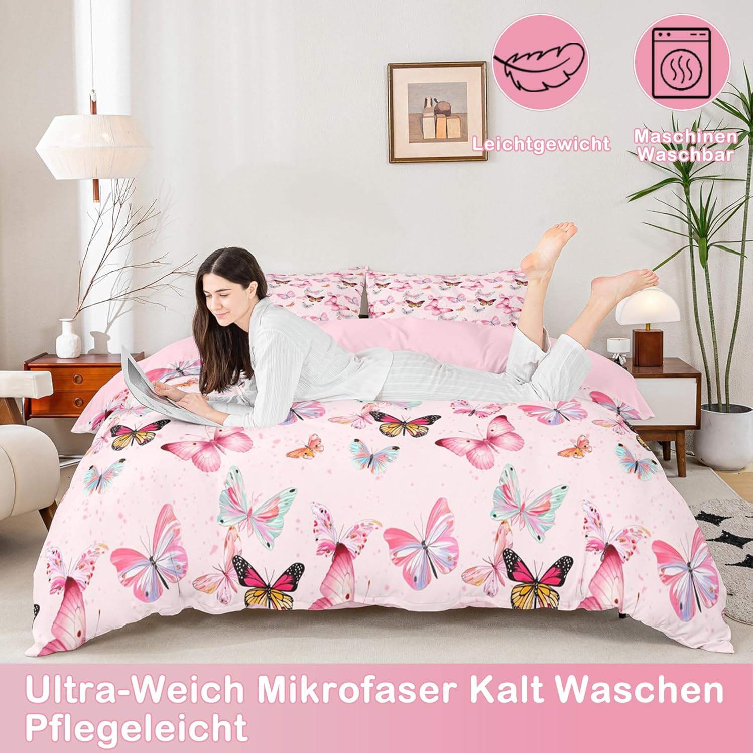 Thumbnail 3 de Homewish Mädchen Bettwäsche-Set 135 x 200 cm (2-teilig) „Süße Schmetterlinge“ – rosa