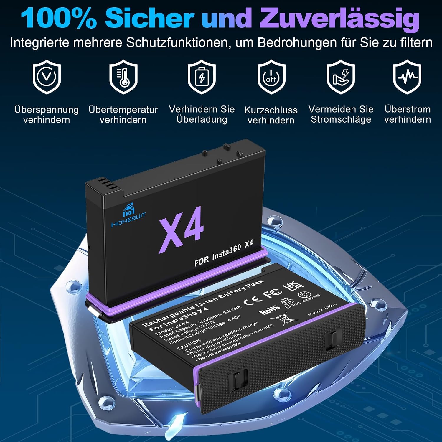 Detalle de Homesuit 2er-Pack Insta360 X4 Akku 2500 mAh + Schnellladegerät 3-Kanal – kompatibel mit Insta360 X4