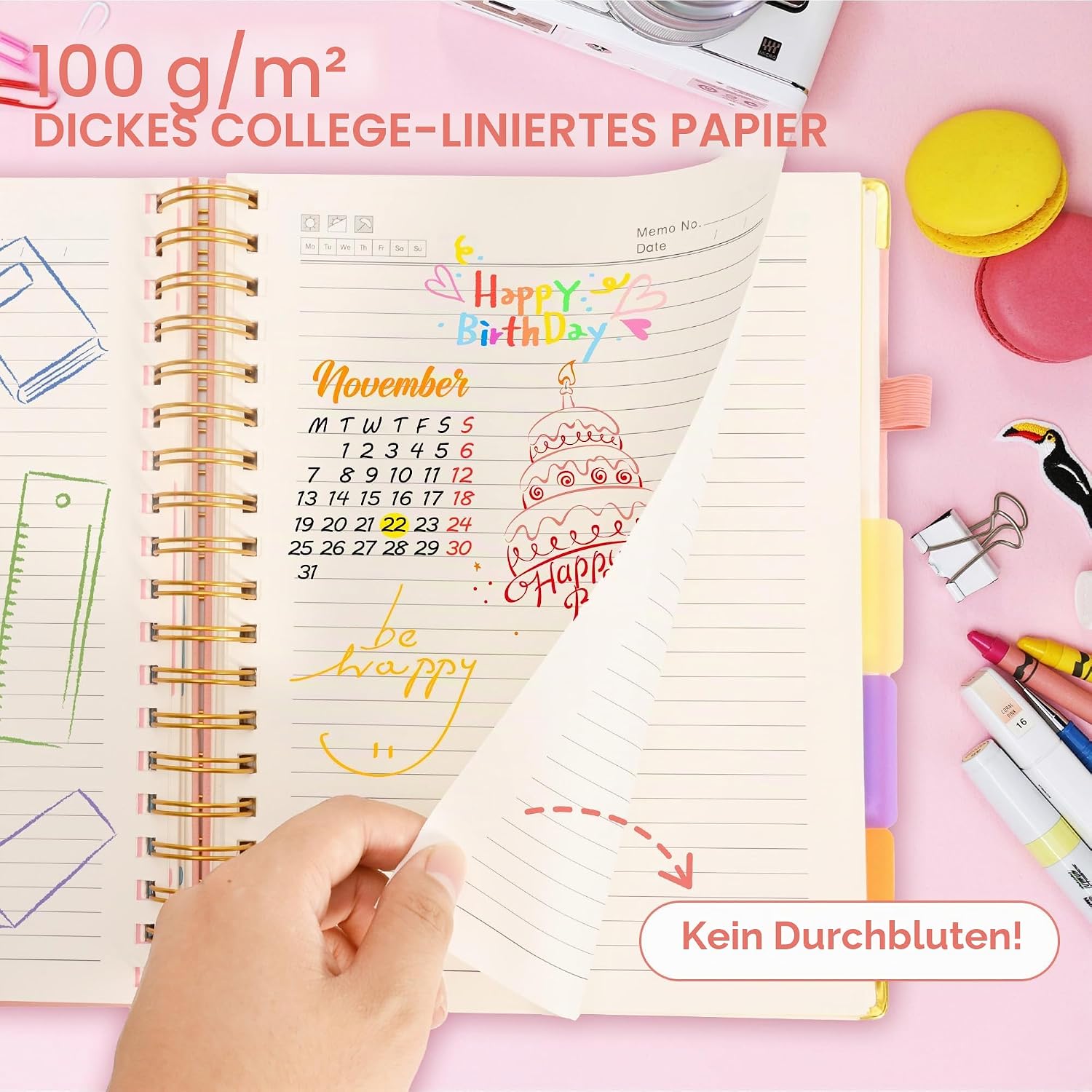 Detalle 2 de Notizblock Notizbuch B5 liniert mit 5 Fächern – flexibles 360‑seitiges Ringbuch in Rosé