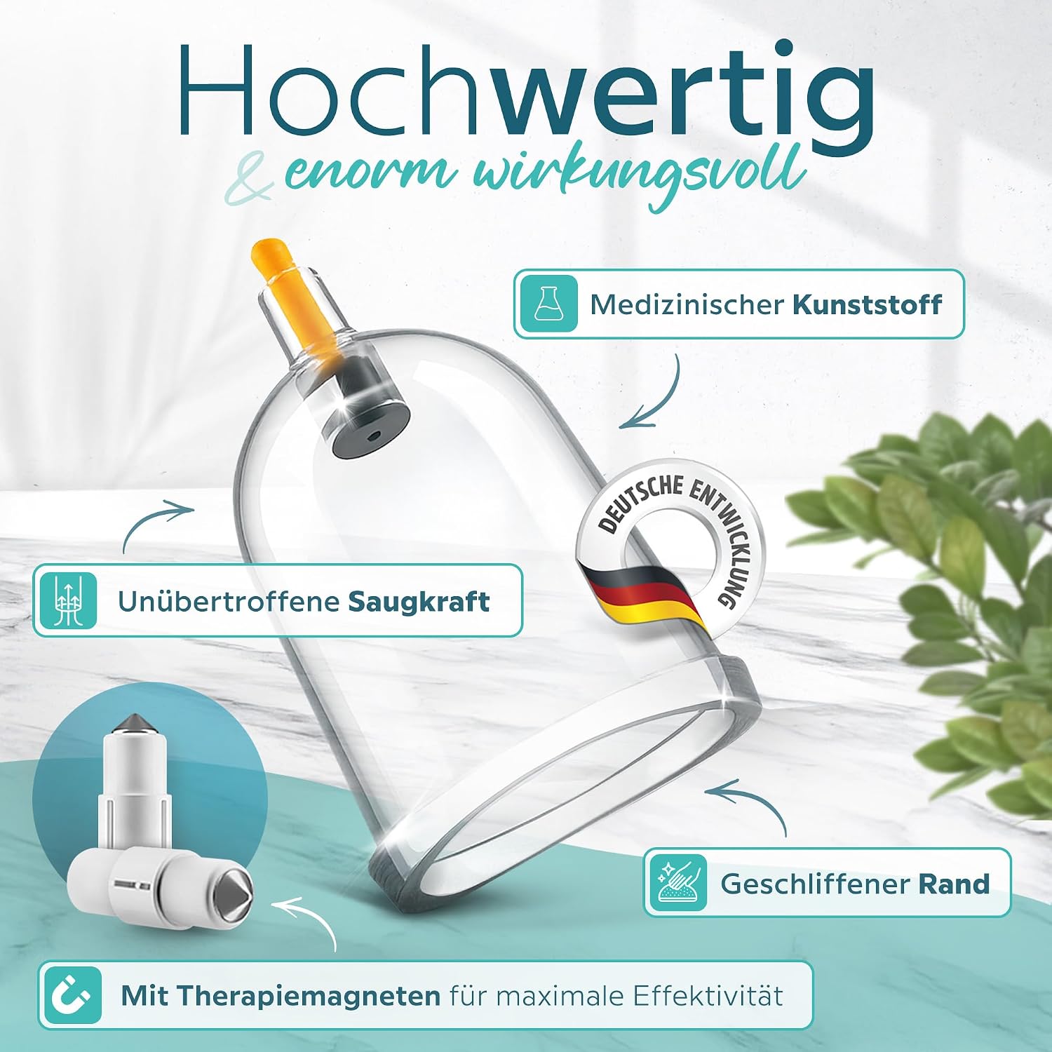 Detalle de KURGLAS Schröpfgläser mit Vakuumpumpe (24 Stück) – Schröpfset aus Kunststoff mit Therapiemagneten & Faszienschaber